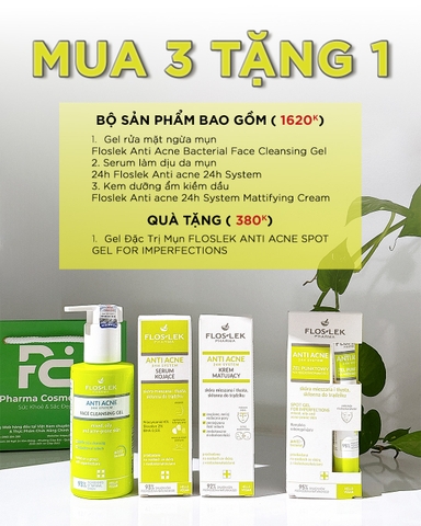 Combo Trị Mụn Chuyên Sâu Floslek Anti Acne 24H: Giải Pháp Sạch Mụn – Kiềm Dầu [MUA 3 TẶNG 1]