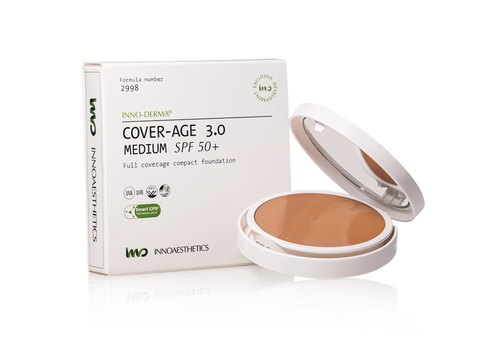 INNOAESTHETICS INNO-DERMA COVER-AGE 3.0: Phấn Nền Chống Nắng Phổ Rộng SPF 50+ & Che Khuyết Điểm Hoàn Hảo