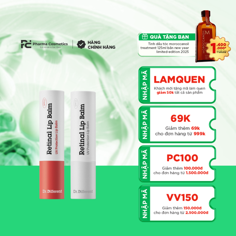 DR.DIFFERENT RETINAL LIP BALM/ DƯỠNG MÔI CÓ CHỨA RETINA, DƯỠNG ẨM VÀ THÀNH PHẦN CHỐNG NẮNG( CÓ MÀU VÀ KHÔNG MÀU)