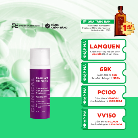 PAULA'S CHOICE CLINICAL 0.3% RETINOL + 2% BAKUCHIOL TREATMENT: Tinh Chất Chống Lão Hóa, Mờ Vết Thâm & Nếp Nhăn Cho Làn Da Săn Chắc