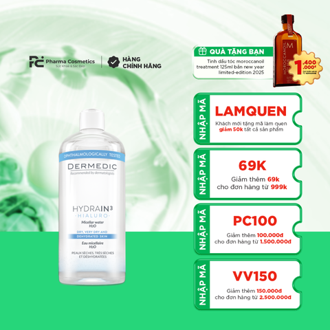 DERMEDIC HYDRAIN MICELLAR WATER H2O: Nước Tẩy Trang Dịu Nhẹ Cho Làn Da Nhạy Cảm
