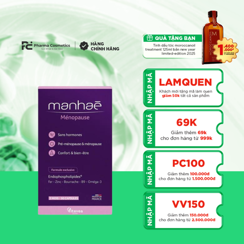 MANHAÉ MÉNOPAUSE / VIÊN UỐNG NỘI TIẾT TỐ ĐIỀU HÒA KINH NGUYỆT GIẢM KHÔ HẠN TĂNG CƯỜNG SINH LÝ NỮ