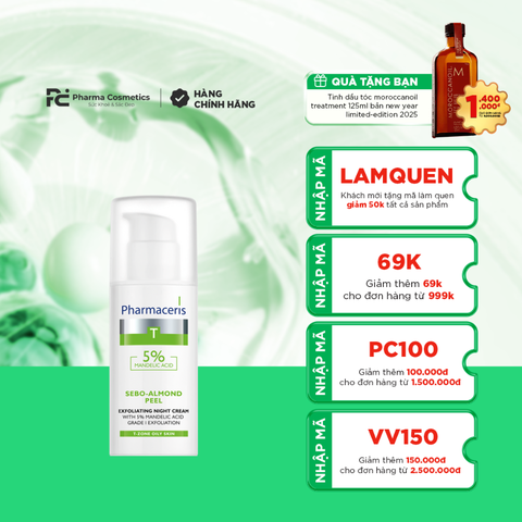 PHARMACERIS SEBO-ALMOND PEEL 5% / KEM DƯỠNG 5% MANDELIC ACID DÀNH CHO DA DẦU, MỤN