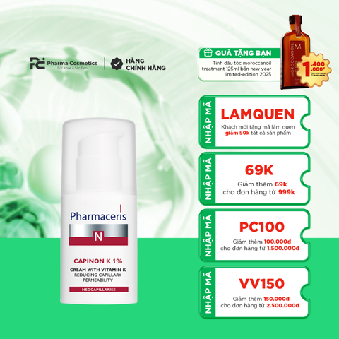 PHARMACERIS CAPINON K 1% / KEM DƯỠNG HỖ TRỢ GIẢM BẦM TÍM SAU THỦ THUẬT THẨM MỸ, PHỤC HỒI DA GIÃN MẠCH MẠNG NHỆN, DA MỎNG ĐỎ