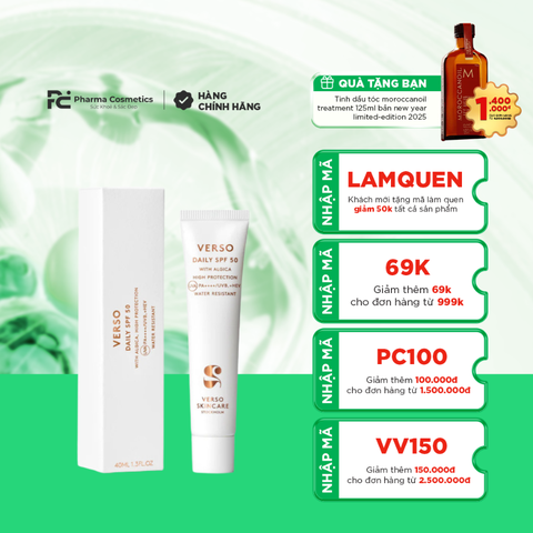 VERSO DAILY SPF 50 / KEM CHỐNG NẮNG DƯỠNG DA PHỔ RỘNG SPF 50 CHO MỌI LÀN DA ( THUẦN CHAY )
