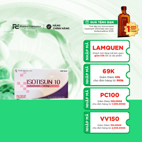 ISOTISUN 10MG / THUỐC ĐIỀU TRỊ CÁC DẠNG MỤN TRỨNG CÁ NẶNG, ĐẶC BIỆT LÀ MỤN TRỨNG CÁ DẠNG NANG BỌC 