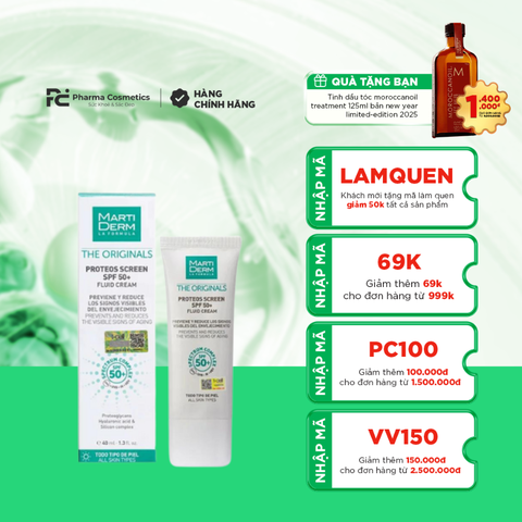MARTIDERM THE ORIGINALS PROTEOS SCREEN SPF50+ FLUID CREAM KEM CHỐNG NẮNG PHỔ RỘNG TOÀN DIỆN NGỪA LÃO HÓA, PHÒNG CHỐNG NÁM QUAY LẠI