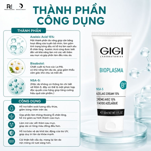 GIGI BIOPLASMA 15% AZELAIC CREAM / KEM BÔI GIÚP GIẢM MỤN, KHÁNG VIÊM, MỜ THÂM 