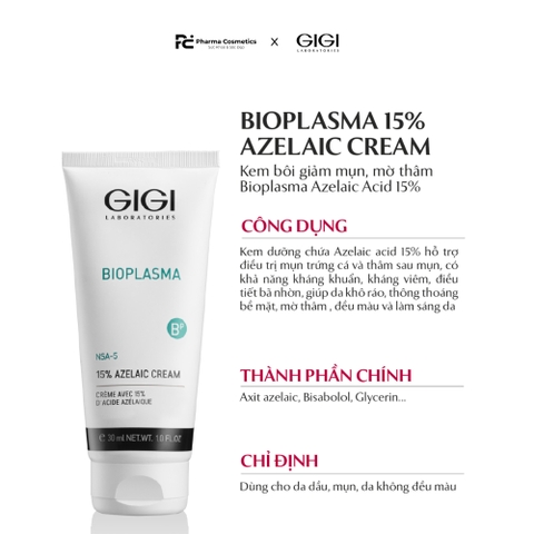GIGI BIOPLASMA 15% AZELAIC CREAM / KEM BÔI GIÚP GIẢM MỤN, KHÁNG VIÊM, MỜ THÂM 