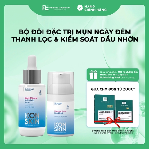 ICON SKIN NIGHT MIRACLE MURRITI - ACID SERUM và MATTE & CARE DAY FLUID : Cặp Đôi Đặc Trị Mụn Ngày Đêm - Thanh Lọc & Kiểm Soát Dầu Nhờn Toàn Diện