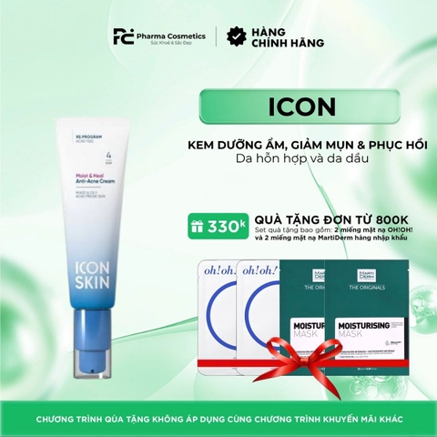 ICON SKIN MOIST & HEAL ANTI ACNE CREAM / KEM DƯỠNG ẨM, GIẢM MỤN & PHỤC HỒI DA CHO DA DẦU MỤN 