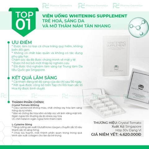 CRYSTAL TOMATO WHITENING SUPPLEMENT / VIÊN UỐNG CÀ CHUA TRẮNG SÁNG DA VÀ MỜ THÂM NÁM (THUẦN CHAY)