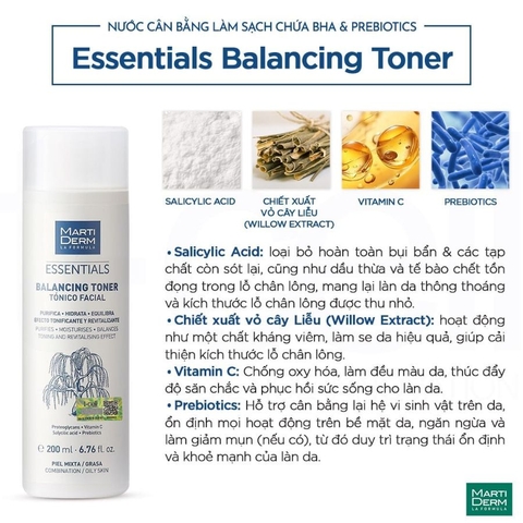 MARTIDERM ESSENTIALS BALANCING TONER: Nước Cân Bằng Chứa BHA & Prebiotics, Sạch Sâu & Phục Hồi Da