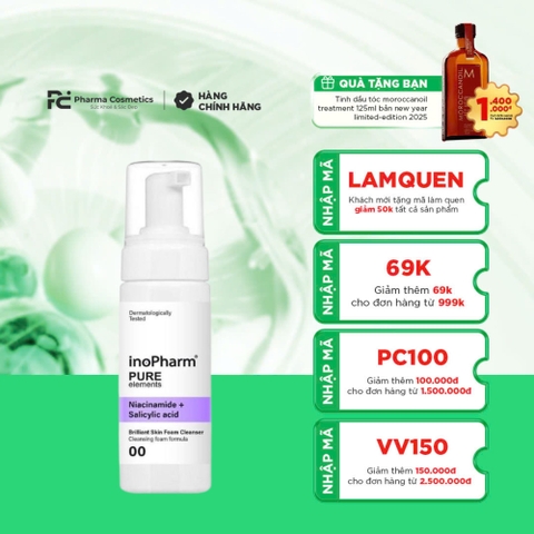INOPHARM BRILLIANT SKIN FOAM CLEANSER: Bọt Rửa Mặt Sạch Sâu, Ngừa Mụn & Dưỡng Sáng Da