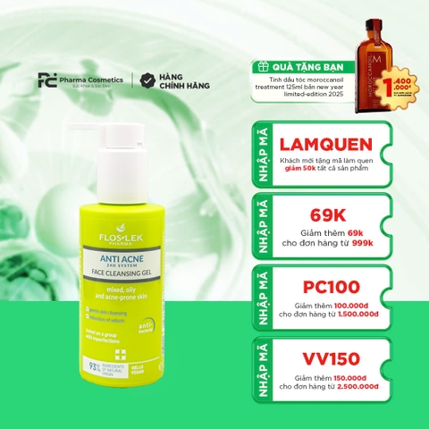 FLOSLEK ANTI ACNE 24H SYSTEM FACE CLEANSING GEL (125ml) - Gel Rửa Mặt Ngăn Ngừa Mụn, Sạch Sâu & Kiểm Soát Dầu Hiệu Quả ( DẠNG VÒI)