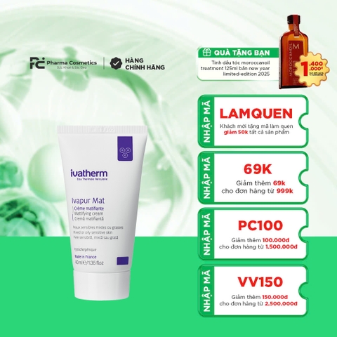 IVATHERM IVAPUR MAT MATTIFYING CREAM: Kem Dưỡng Kiềm Dầu, Dưỡng Ẩm & Làm Dịu Cho Da Dầu Nhạy Cảm