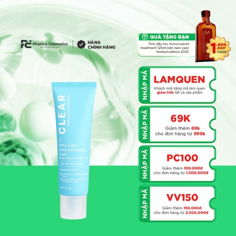 PAULA'S CHOICE CLEAR ULTRA-LIGHT DAILY HYDRATING FLUID SPF 30+: Kem Chống Nắng Dạng Sữa Dưỡng Ẩm Cho Da Dầu Mụn