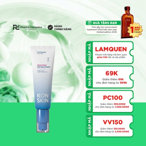 ICON SKIN MOIST & HEAL ANTI ACNE CREAM / KEM DƯỠNG ẨM, GIẢM MỤN & PHỤC HỒI DA CHO DA DẦU MỤN 