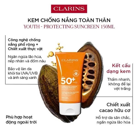 CLARINS YOUTH-PROTECTING SUNSCREEN VERY HIGH PROTECTION SPF50+: Kem Chống Nắng Toàn Diện, Bảo Vệ & Dưỡng Da
