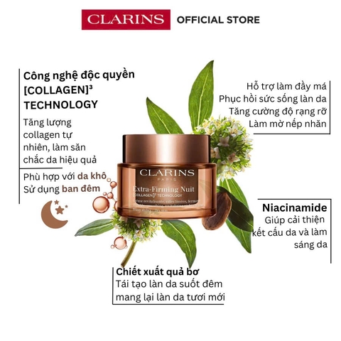CLARINS EXTRA-FIRMING NIGHT CREAM DRY SKIN: Kem Dưỡng Đêm Tái Sinh Làn Da Săn Chắc, Tươi Trẻ Mỗi Đêm