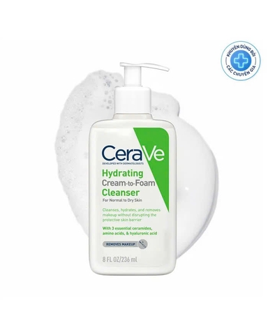 CERAVE HYDRATING CREAM-TO-FOAM CLEANSER: Sữa Rửa Mặt Tẩy Trang 2-trong-1 Dịu Nhẹ, Dành Cho Da Thường Đến Da Khô