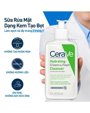 CERAVE HYDRATING CREAM-TO-FOAM CLEANSER: Sữa Rửa Mặt Tẩy Trang 2-trong-1 Dịu Nhẹ, Dành Cho Da Thường Đến Da Khô