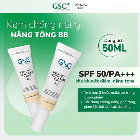 GSC TRIPLE BB CREAM SPF 50+/PA+++: Kem Chống Nắng Nâng Tone 3 trong 1 - Trang Điểm, Bảo Vệ & Dưỡng Da Hoàn Hảo