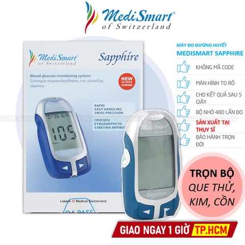 [TẶNG QUE, KIM, CỒN] Máy Đo Đường Huyết MediSmart Sapphire (MG) (+ 35 Que, Kim, Cồn)