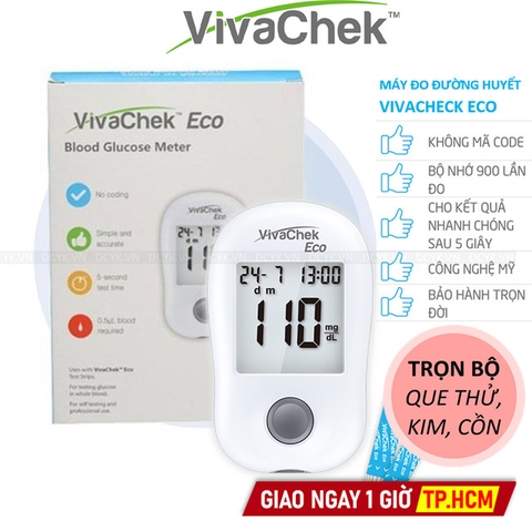 [TẶNG QUE, KIM, CỒN] Máy Đo Đường Huyết Vivachek ECO (Mg/dl) (25 Que + 50 Kim, Cồn)