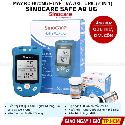 [TẶNG QUE, KIM, CỒN] Máy Đo Đường Huyết, Axit Uric Sinocare Safe AQ UG (MG) (50 Que Mỗi Loại, Kim, Cồn)