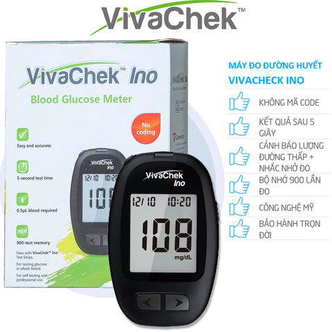 [TẶNG QUE, KIM, CỒN] Máy Đo Đường Huyết VivaChek Ino (MG) (+ 50 Que, Kim, Cồn)