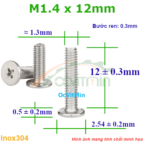 Ốc Bake Đầu Dẹp Mỏng M1.4x12mm Inox304 - Oc PaKe Dau Dep Mong