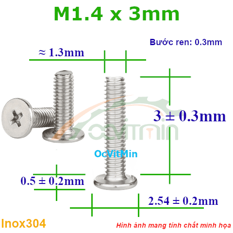 Ốc Bake Đầu Dẹp Mỏng M1.4x3mm Inox304 - Oc PaKe Dau Dep Mong