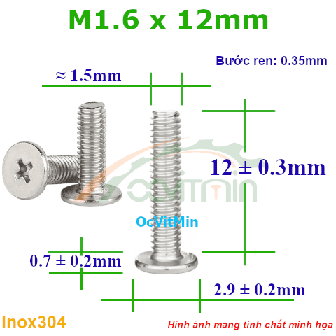Ốc Bake Đầu Dẹp Mỏng M1.6x12mm Inox304 - Oc PaKe Dau Dep Mong