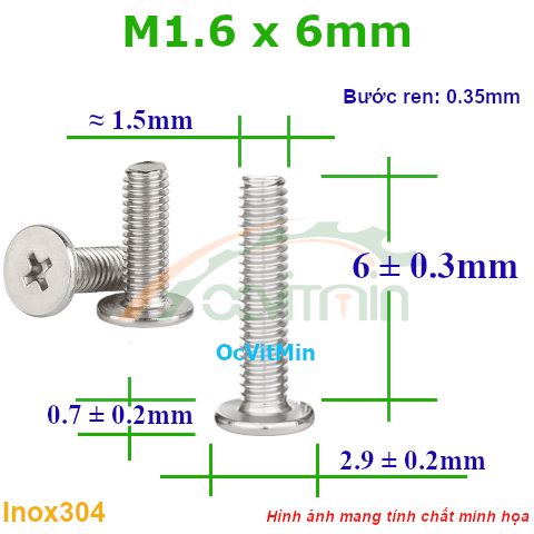 Ốc Bake Đầu Dẹp Mỏng M1.6x6mm Inox304 - Oc PaKe Dau Dep Mong