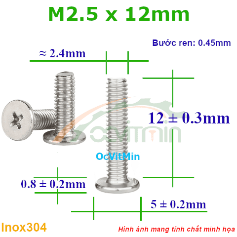 Ốc Bake Đầu Dẹp Mỏng M2.5x12mm Inox304 - Oc PaKe Dau Dep Mong