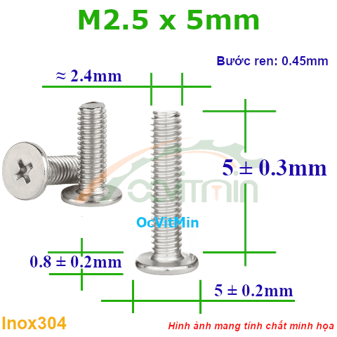 Ốc Bake Đầu Dẹp Mỏng M2.5x5mm Inox304