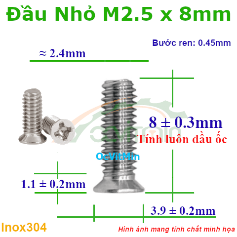 Ốc Bake Đầu Bằng Nhỏ M2.5x8mm Inox304 - Oc PaKe Dau Dep Bang Nho