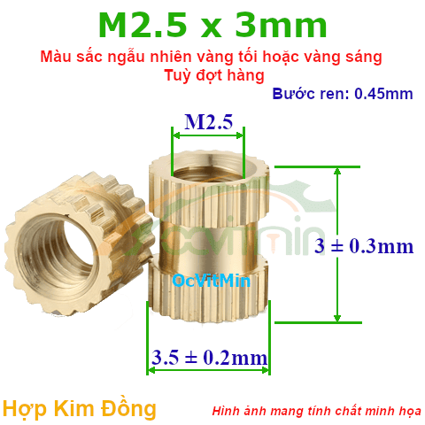 Đai Ốc Cấy Nhựa M2.5x3mm - ø3.5mm Tán Đồng - Dai Oc Tan Dong Ecu Cay Nhua
