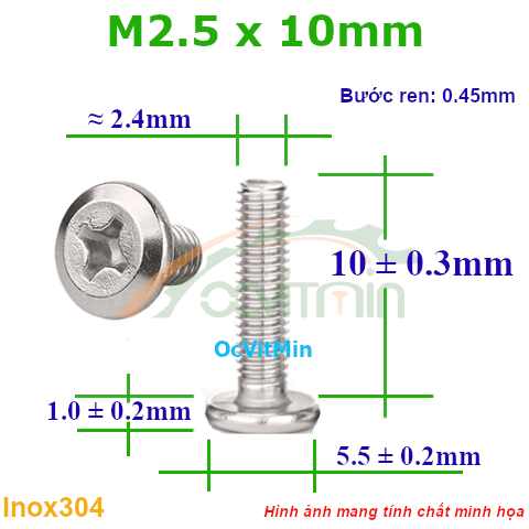 Ốc Bake Đầu Vát Cạnh M2.5x10mm Inox304 - Oc PaKe Dau Vat Canh