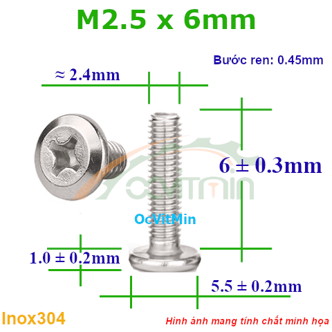 Ốc Bake Đầu Vát Cạnh M2.5x6mm Inox304 - Oc PaKe Dau Vat Canh