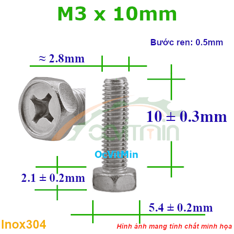 Ốc Bake Đầu Lục Giác Ngoài M3x10mm Inox304 - Oc PaKe Dau Luc Giac Ngoai
