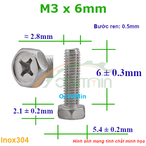 Ốc Bake Đầu Lục Giác Ngoài M3x6mm Inox304 - Oc PaKe Dau Luc Giac Ngoai