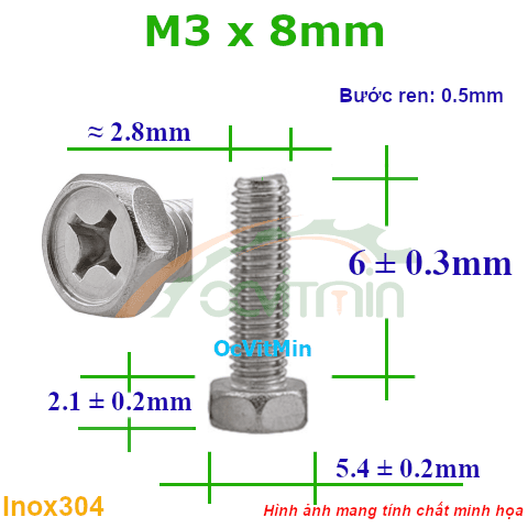 Ốc Bake Đầu Lục Giác Ngoài M3x8mm Inox304 - Oc PaKe Dau Luc Giac Ngoai