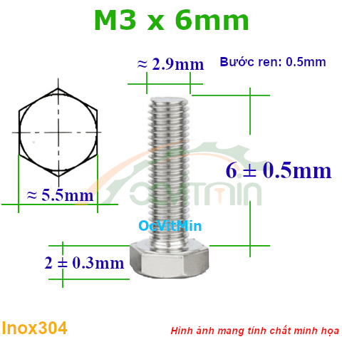 Ốc Lục Giác Ngoài M3x6mm Inox304 - Oc Bulong Luc Giac Ngoai