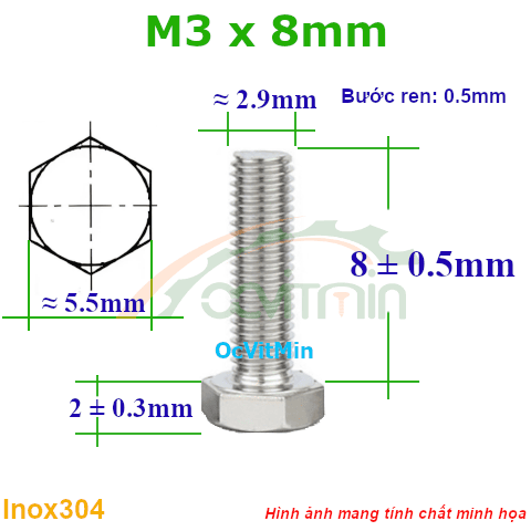 Ốc Lục Giác Ngoài M3x8mm Inox304 - Oc Bulong Luc Giac Ngoai