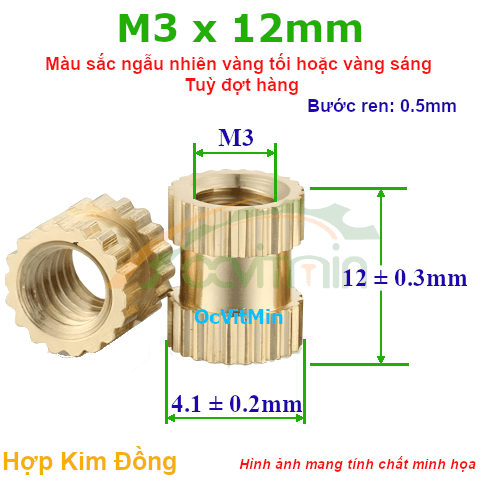 Đai Ốc Cấy Nhựa M3x12mm - ø4.1mm Tán Đồng - Dai Oc Tan Dong Ecu Cay Nhua