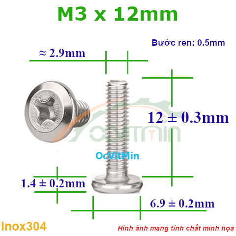 Ốc Bake Đầu Vát Cạnh M3x12mm Inox304 - Oc PaKe Dau Vat Canh