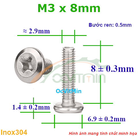 Ốc Bake Đầu Vát Cạnh M3x8mm Inox304