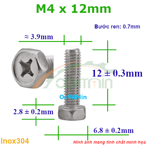 Ốc Bake Đầu Lục Giác Ngoài M4x12mm Inox304 - Oc PaKe Dau Luc Giac Ngoai
